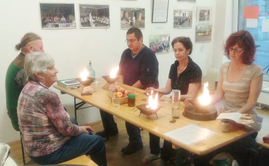 Reiner (far left) with an evening Agnihotra group.